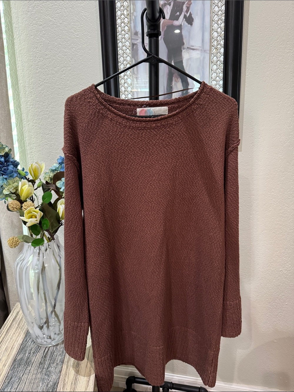 Women's Crewneck Pullover Sweater dress- Brown